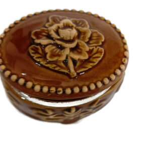 Vintage Round Trinket Ring Lidded Box Carved Floral Ceramic